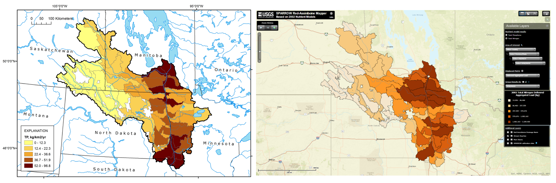 A map created displaying Total Phosphorous by sub-watershed of the Red-Assiniboine drainage area using mapper data and a screenshot comparing sources of phosphorous in the Red-Assiniboine mapper