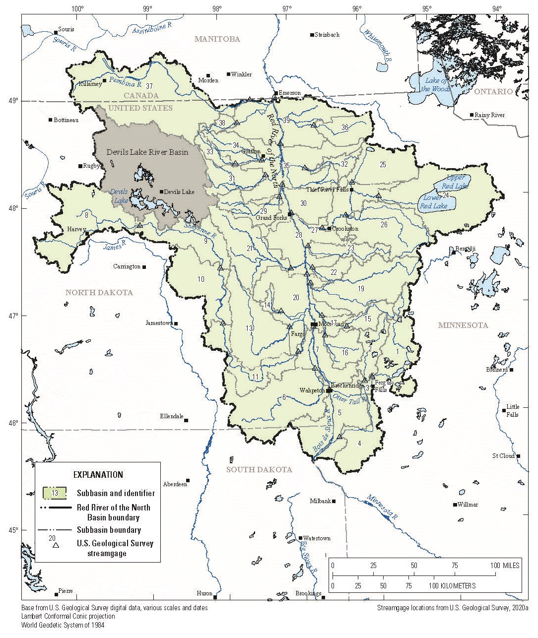 A map of the US portion of the Red River basin showing the locations of streamgages.