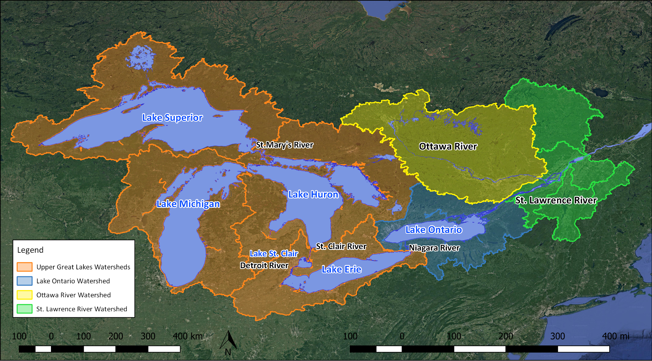 Map of the Great Lakes - St Lawrence basin