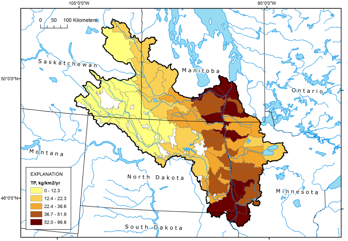 A map created displaying Total Phosphorous by subwatershed of the Red-Assiniboine drainage area using mapper data and a screenshot comparing sources of phosphorous in the Red-Assiniboine mapper