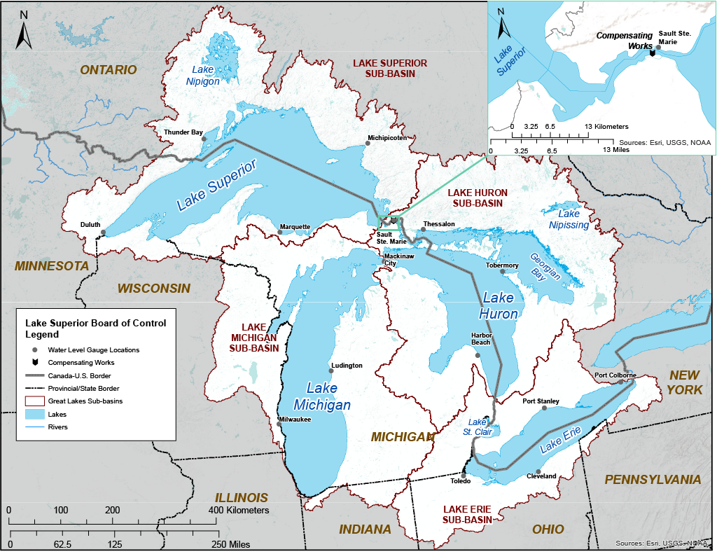 Map of Great Lakes watershed demonstrating the International Lake Superior Board of Control's area of work
