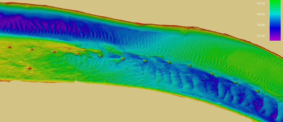 A false color bathymetric map of the Rainy River's floor.