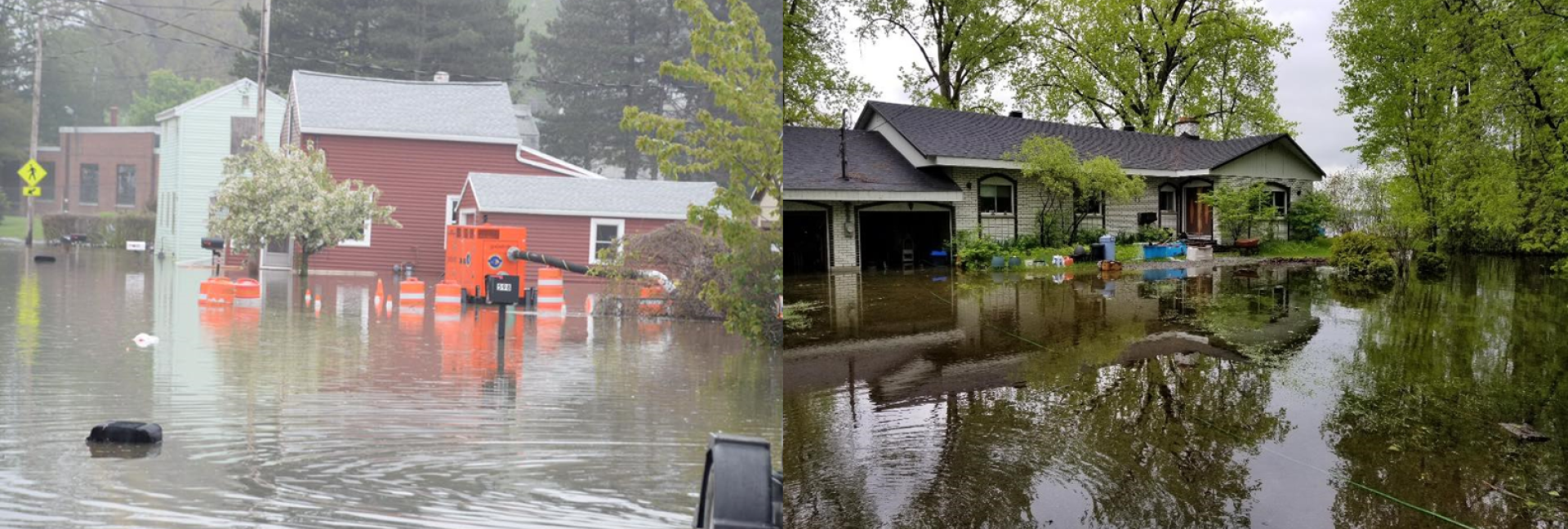 Images of flooding (left to right) upstream – Lake Ontario at Greece, New York, USA, 28 May 2019 (source: ILOSLRB) and downstream – St. Lawrence River at Lake St. Louis, Maple Grove, Quebec, Canada, 2 June 2019 (source: IJC). 