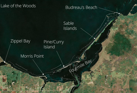 A map of the southern portion of Lake of the Woods showing different embayments, beaches and islands.