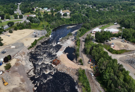 water flows through former milltown dam site