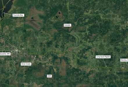 A map of the Rainy River showing the portion that was recently mapped out.
