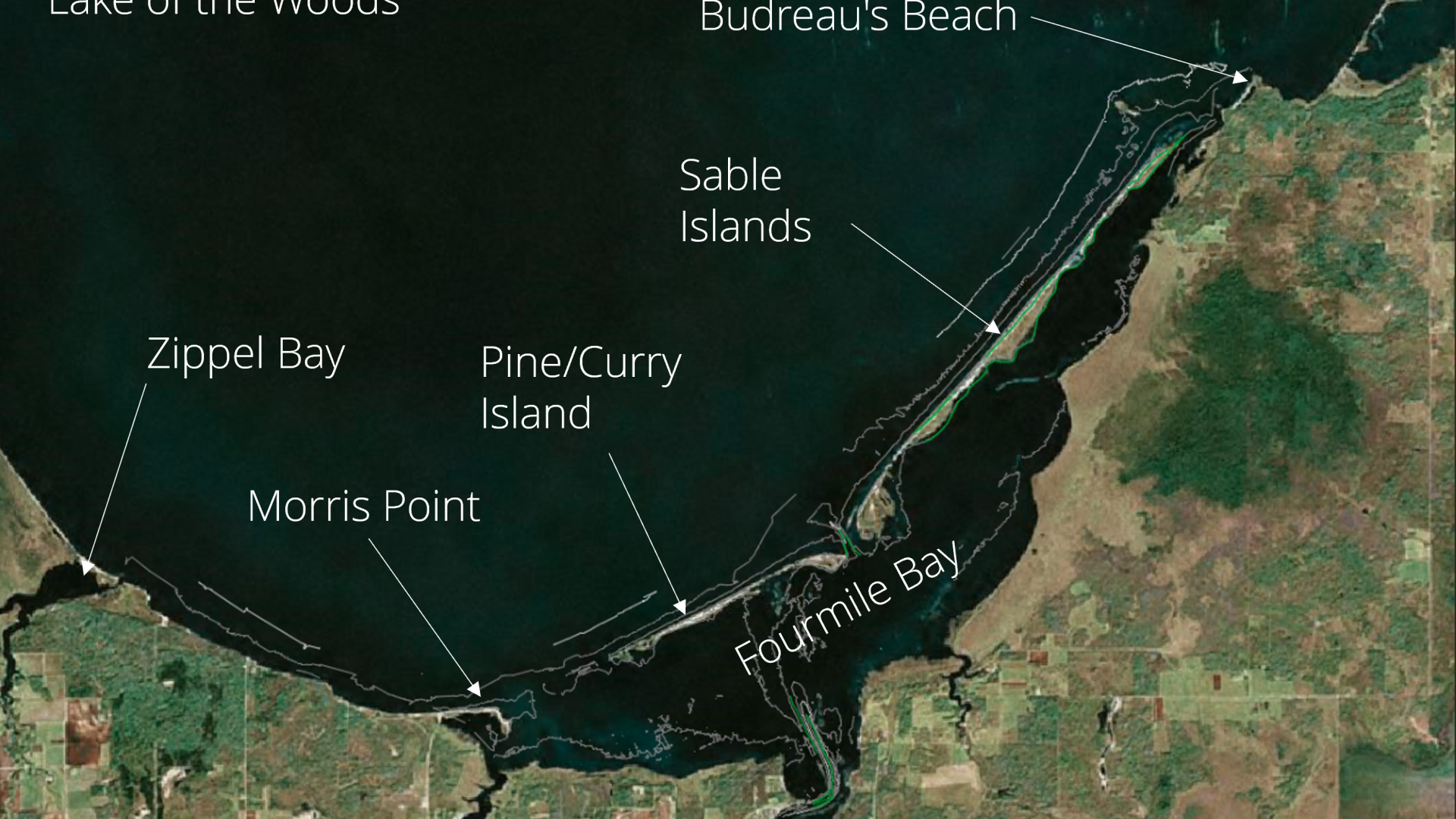 A map of the southern portion of Lake of the Woods showing different embayments, beaches and islands.