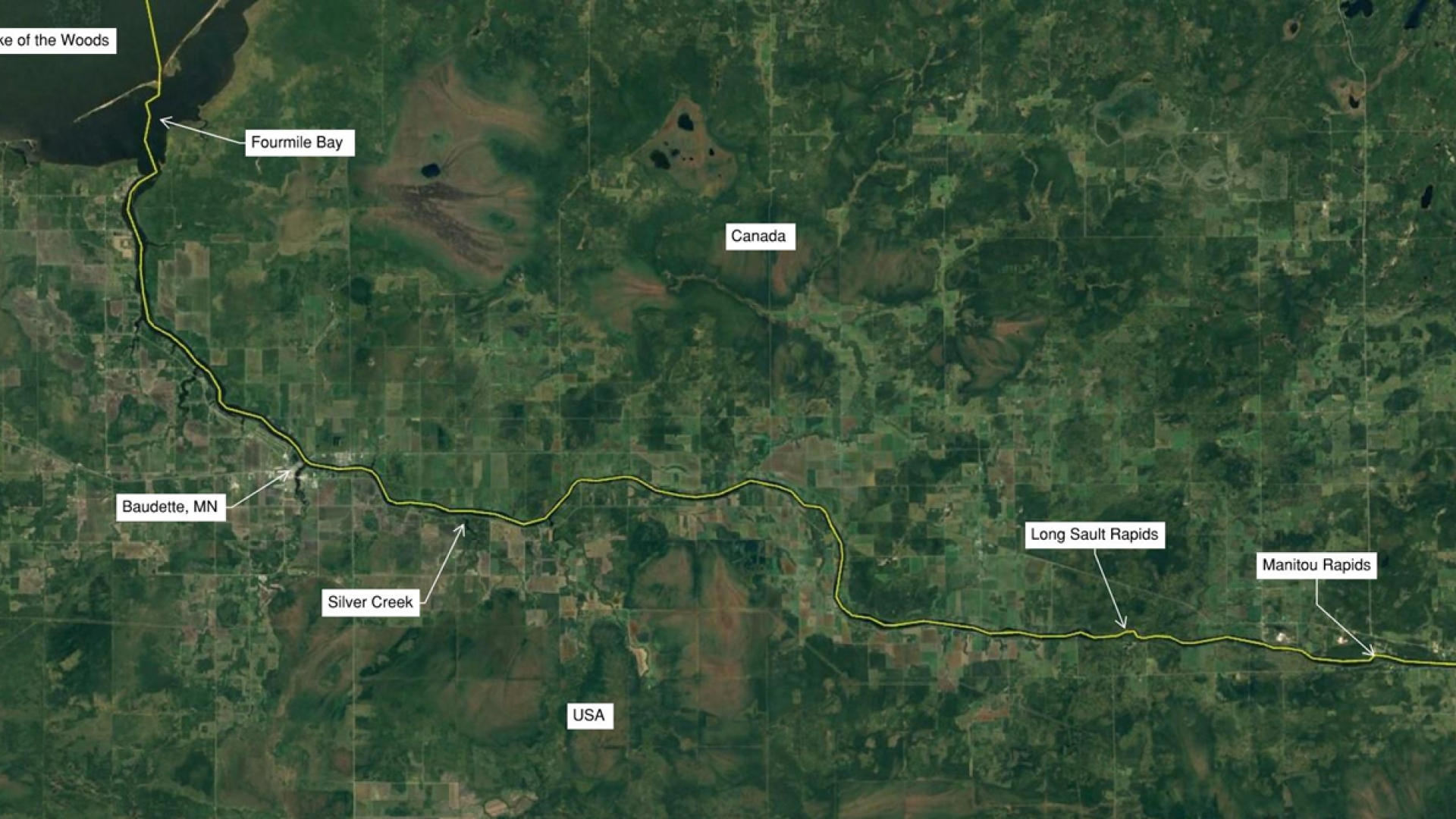 A map of the Rainy River showing the portion that was recently mapped out.
