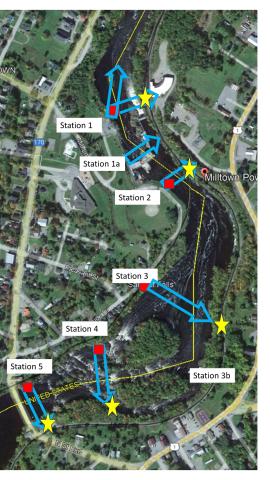 A satellite image of the former Milltown Dam site on the St. Croix River, with telemetry stations highlighted.